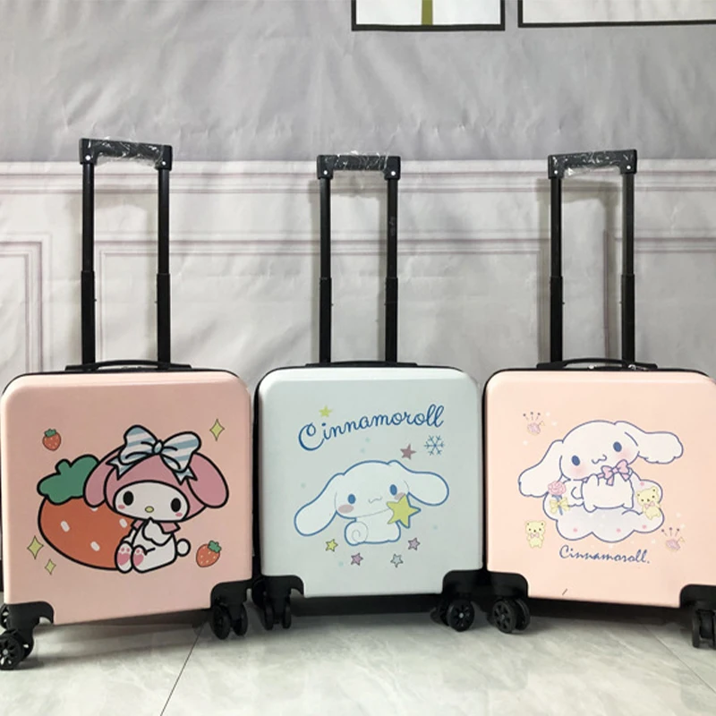 Sanrioed Kuromi Cinnamoroll 20 بوصة حقيبة تروللي بعجلات أنيمي Kawaii ميلودي حقيبة عجلة عالمية كلمة المرور لوحة الطالب الطائرة