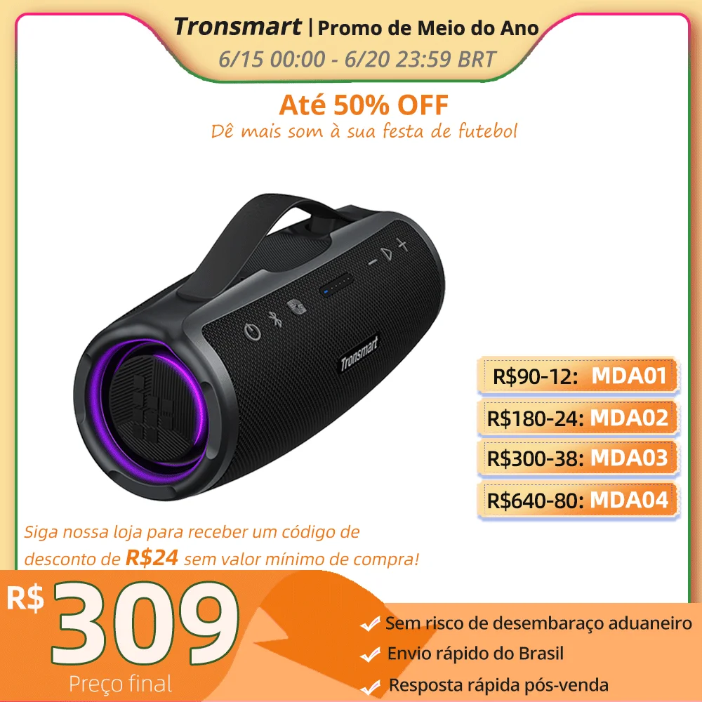 Tronsmart caixa de som, Mirtune S100 caixa som bluetooth com 50W, IPX7 à prova d'água, alça retrátil, Powerbank integrado