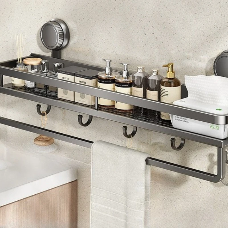 Wall Mounted Suction Cup Bathroom Shelves Multifunctional Shelf Handle with Hook Attached Strong Load Bearing Shelves Home
