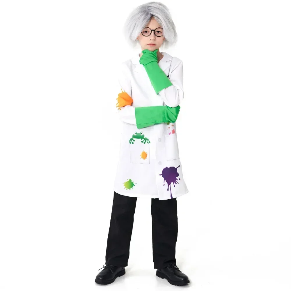 Kids Raving Mad Scientist Cosplay  for Boys Girls Lab Coat Outfit Halloween Carnival Party Costume