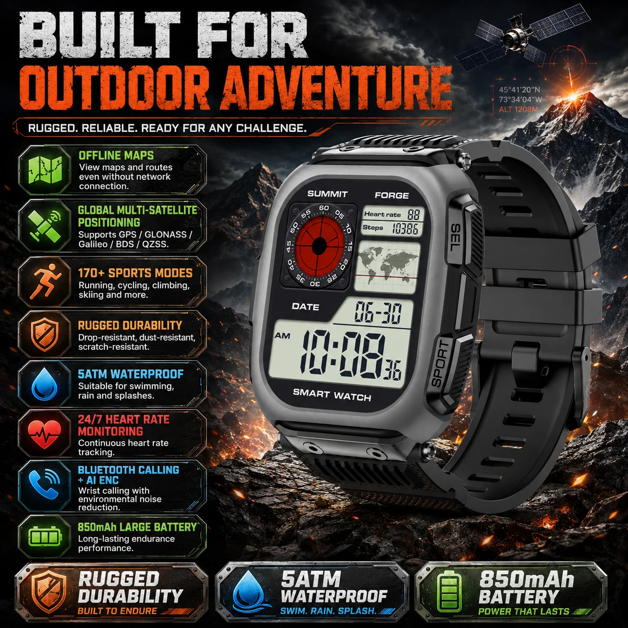2026 New Smart Watch 2.13-inch Screen GPS Offline Map Positioning 5ATM Waterproof 850mAh 100 Sports Bluetooth Call Smart Watch