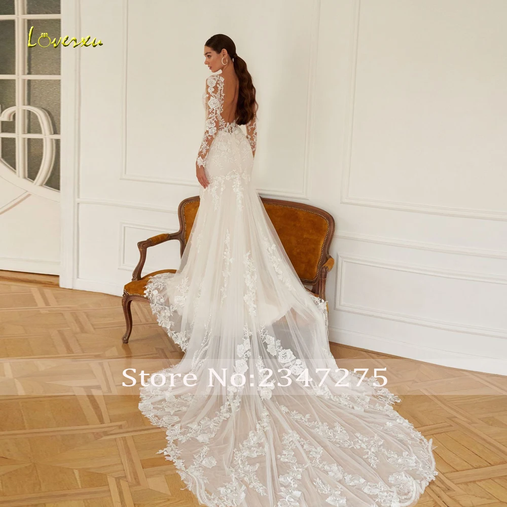 Loverxu Zeemeermin Sierlijke Trouwjurken 2024 Geschulpte Lange Mouwen Vestido De Novia Kant Appliques Kapel Trein Robe De Mariee