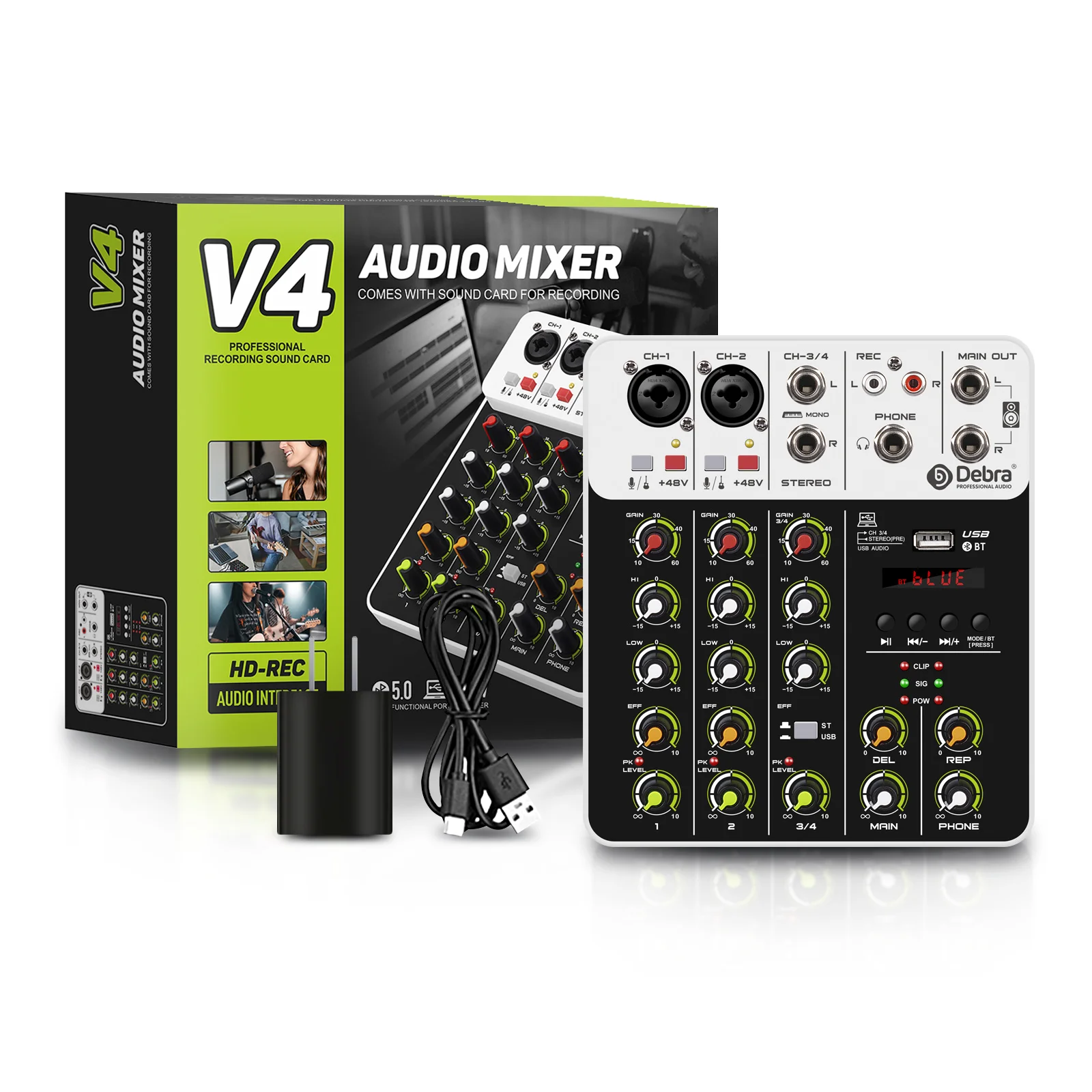 Debra V4 4-Kanal-Audiomischer mit Bluetooth USB 48V Phantoms peisung Verzögerung Repaeat-Effekt für Sound mixing Console PC-Aufnahme