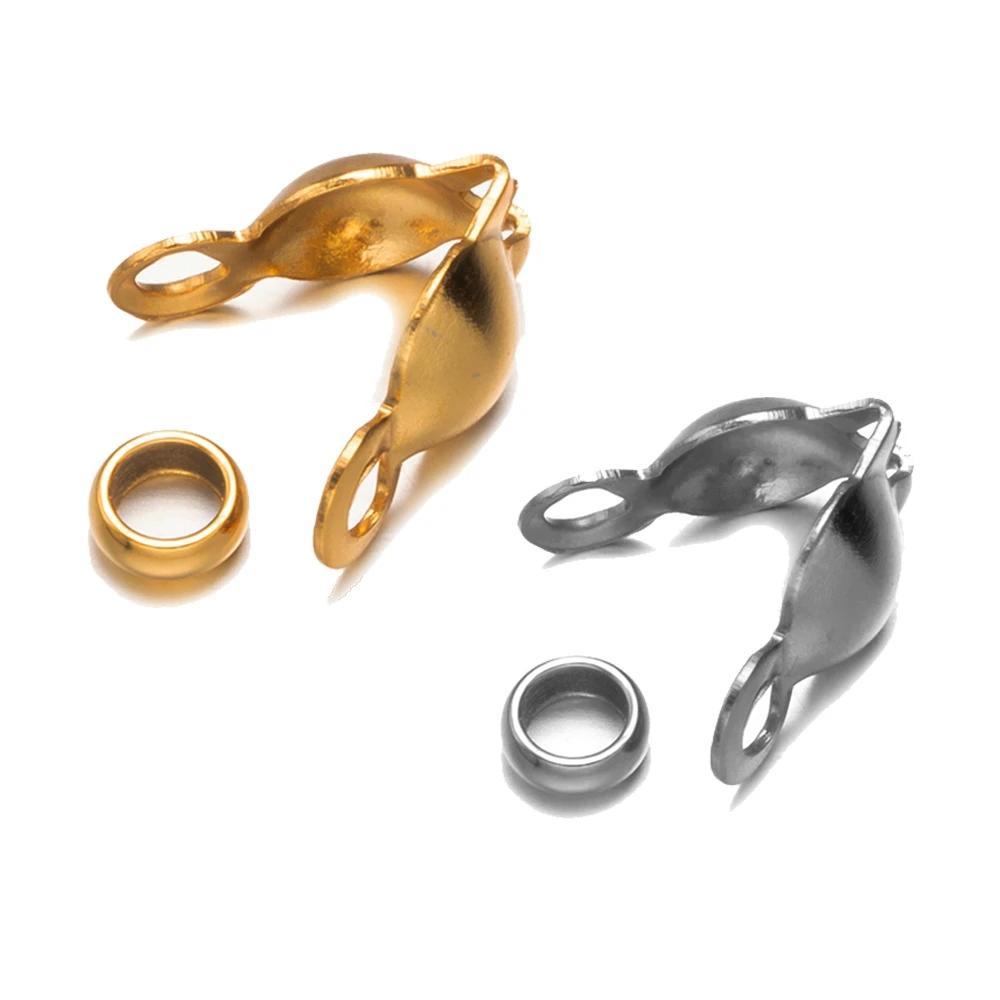 

50pcs Stainless Steel Crimp Bead Tips Knot Covers Clamshell Fold-Over Bead Tips with 50pcs End Caps for Jewelry Making Craft DIY