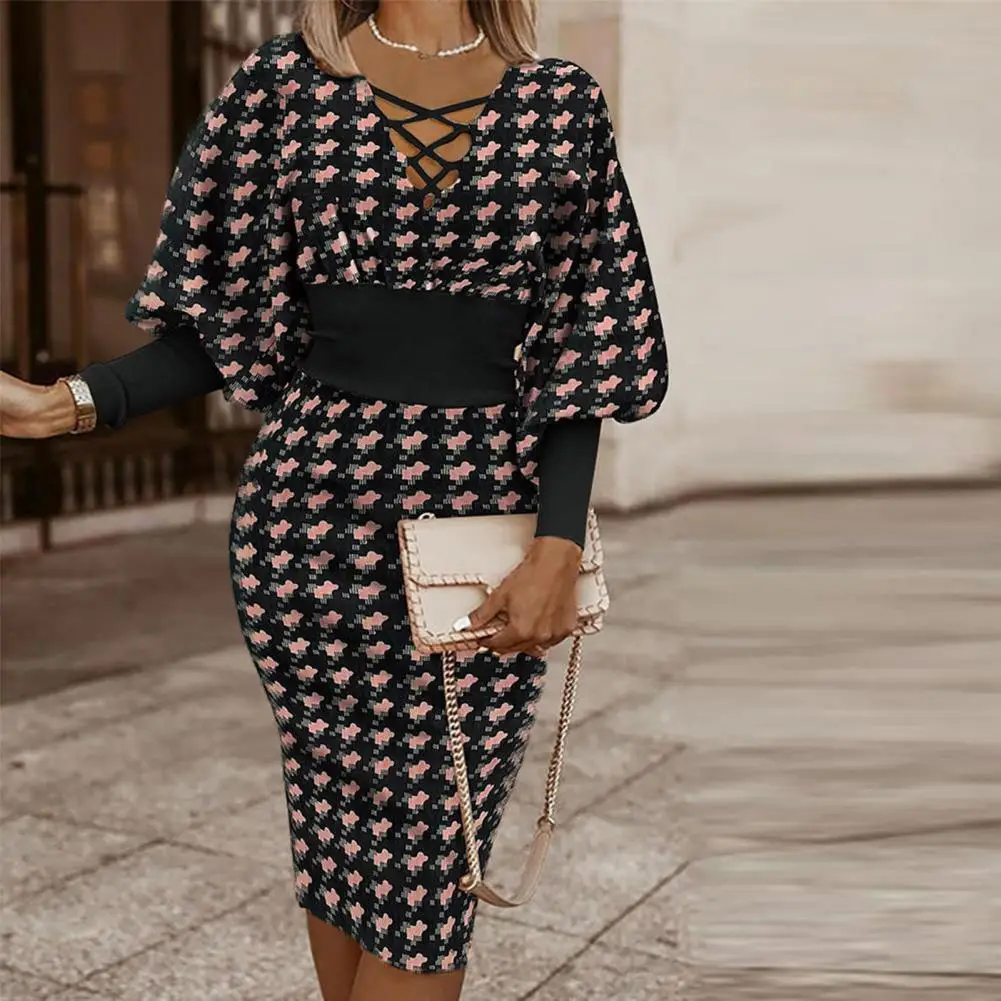 

Elegant Dress V-neck Dress Colorful Print V-neck Party Dresses with Elegant Lantern Sleeves High Waist for Women's Formal Events