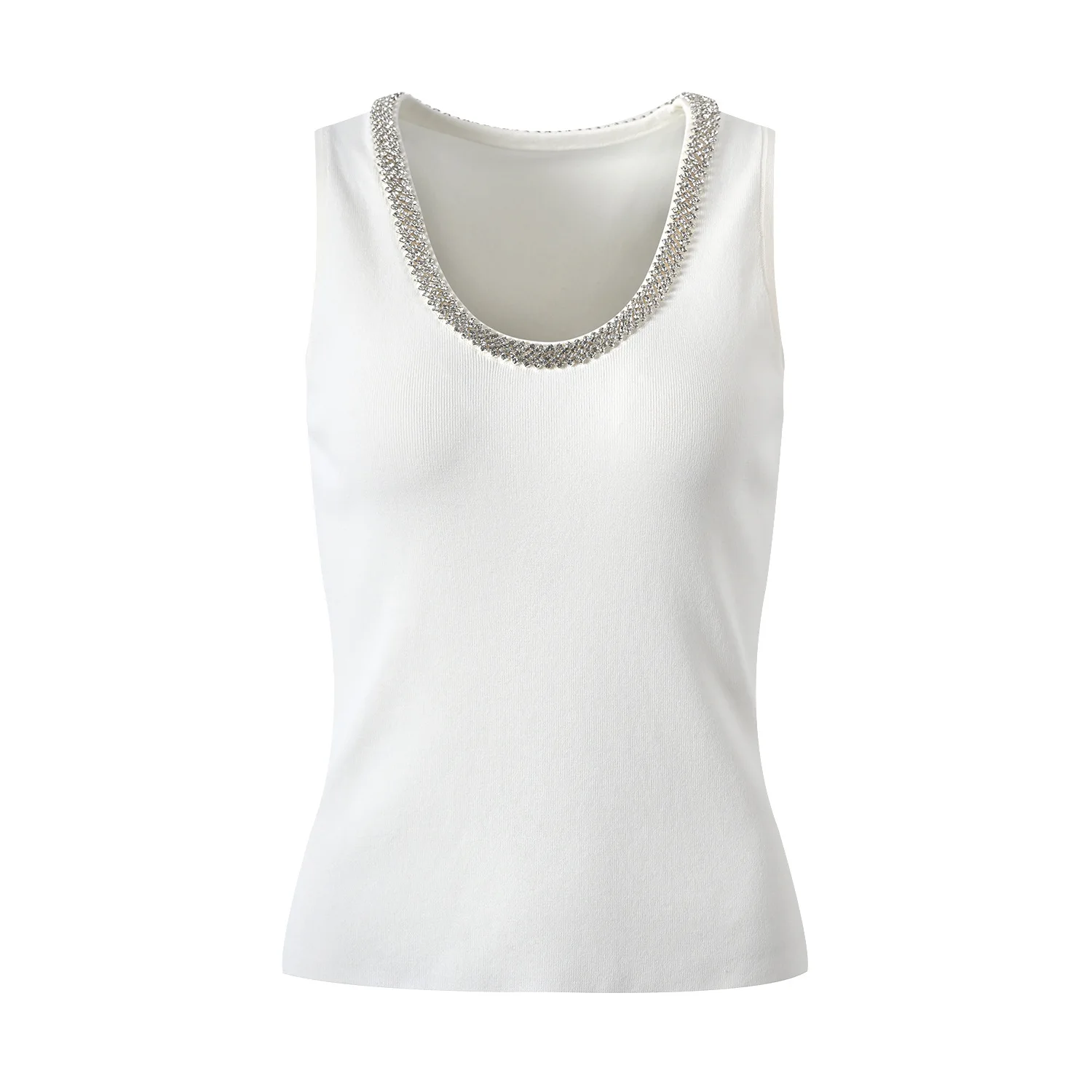 

Spring Summer 2024 Sexy Design Heavy Work Collar Beaded Svel Slimming Top Women's Ice Silk Vest Faionable Trendy
