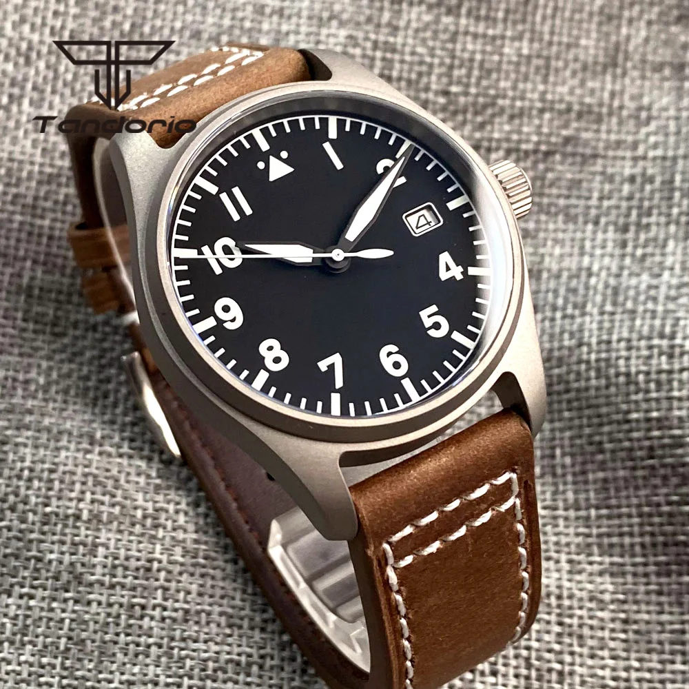 Tandorio Titanium Light Weight 39mm Pilot PT5000 NH35 20atm Dive Men\'s Automatic Watch Date Sapphire Crystal Leather Luminous