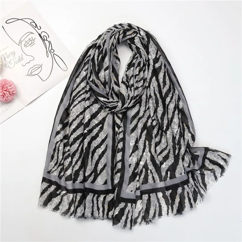 Women's Sparkle Zebra Pattern Print Silver Lurex Shawls And Wraps Lightweight Paisley Flowers Print Women Cotton Wraps Scarf