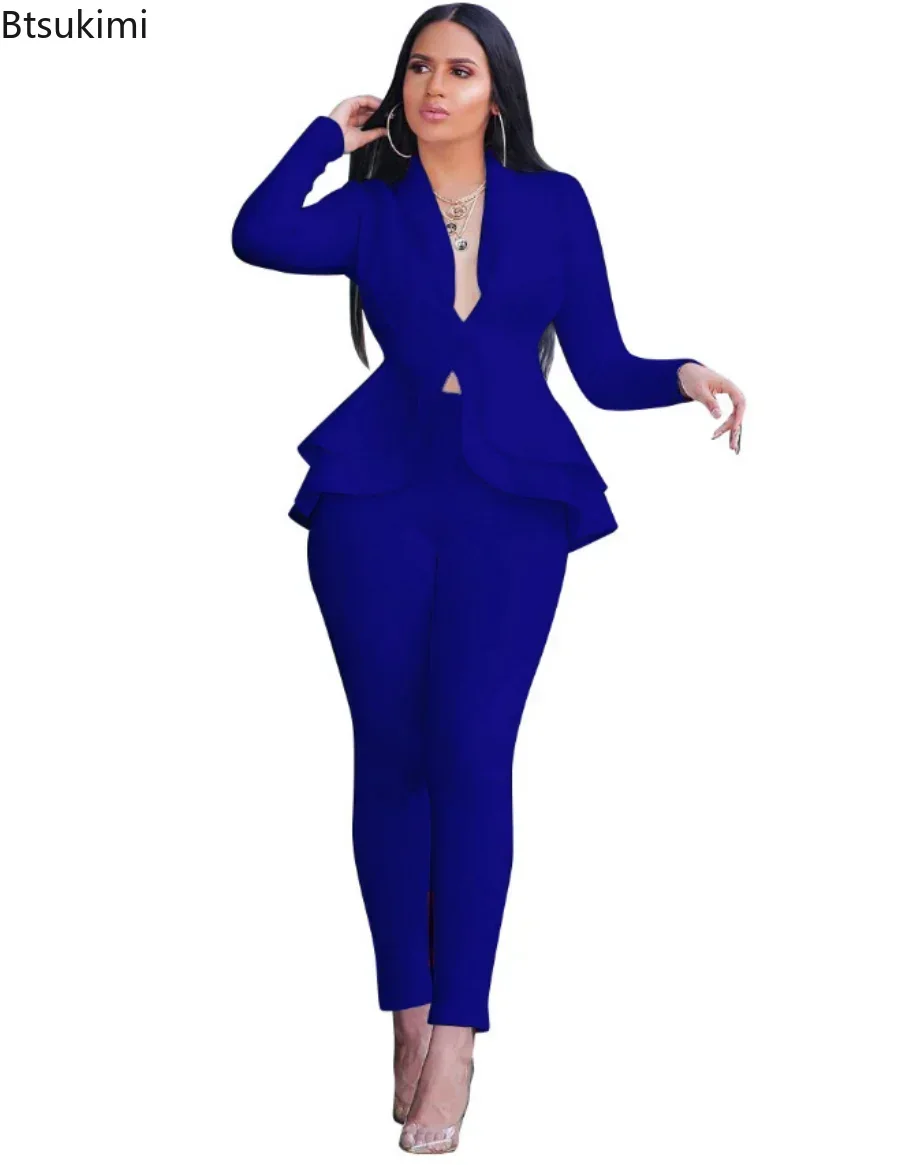 2025 Women\'s Formal Set 2PCS Tracksuit Full Sleeve Ruffles Blazers Pencil Pants Suit Two Piece Set Office Lady Outfits Uniform