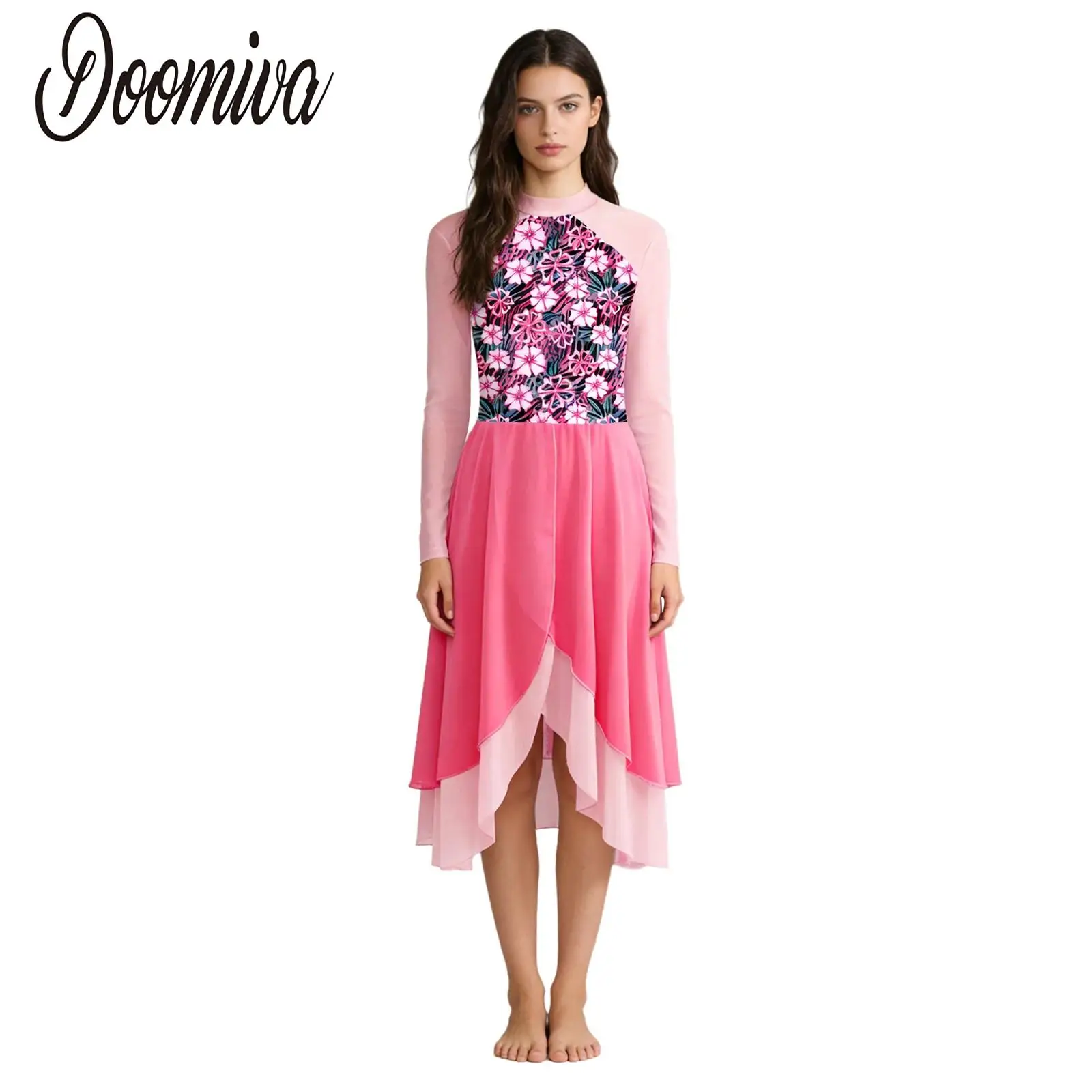 

Women Liturgical Pray Praise Dress Lyrical Modern Skating Dancewear Long Sleeve Leotards Tulle Worship Choir Performance Costume