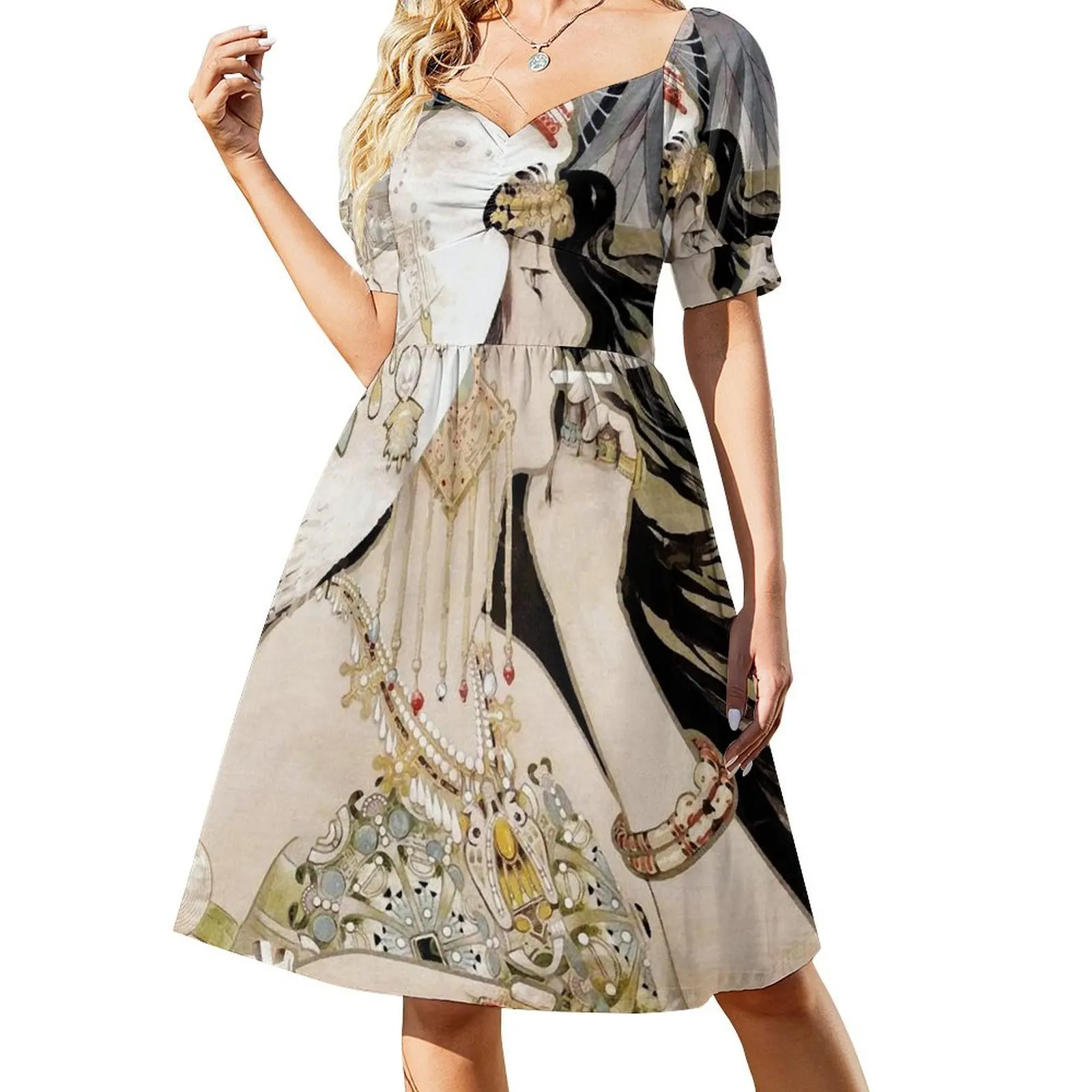 

French Fashion Art Nouveau Bejeweled smoking woman Short Sleeved Dress Female clothing evening dresses women women dresses Dress