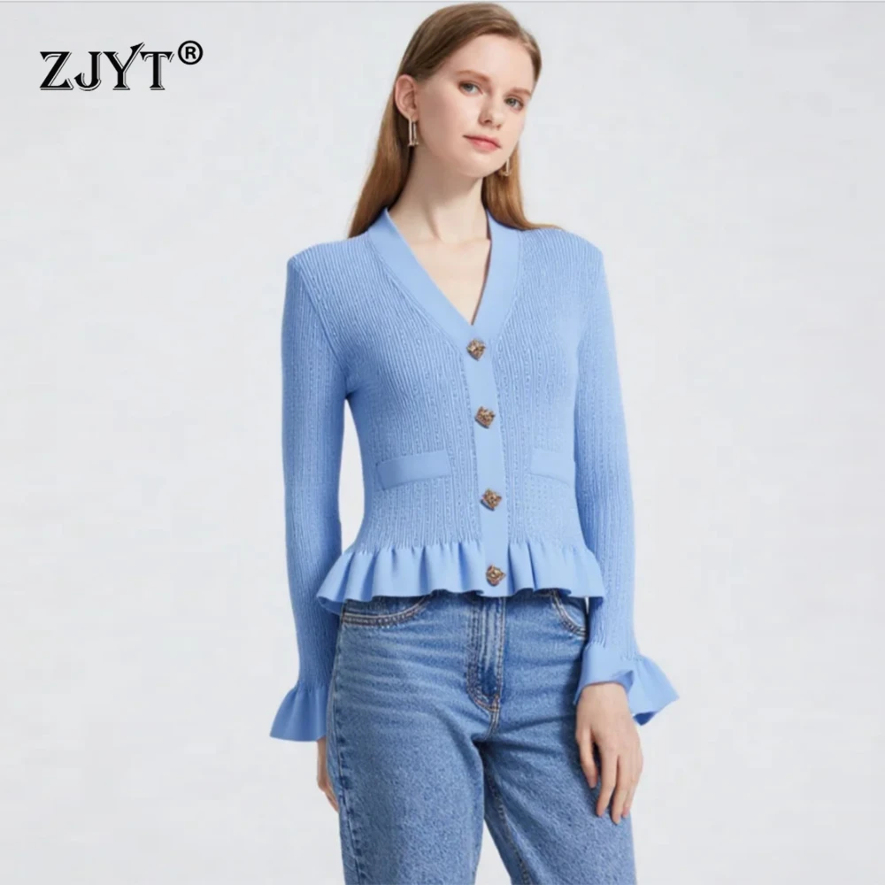 

ZJYT Spring Cardigan Sweaters for Women Knitting Tops Flare Sleeve Single Breasted Slim Fit Knitwears Black Jersey Mujer Fashion