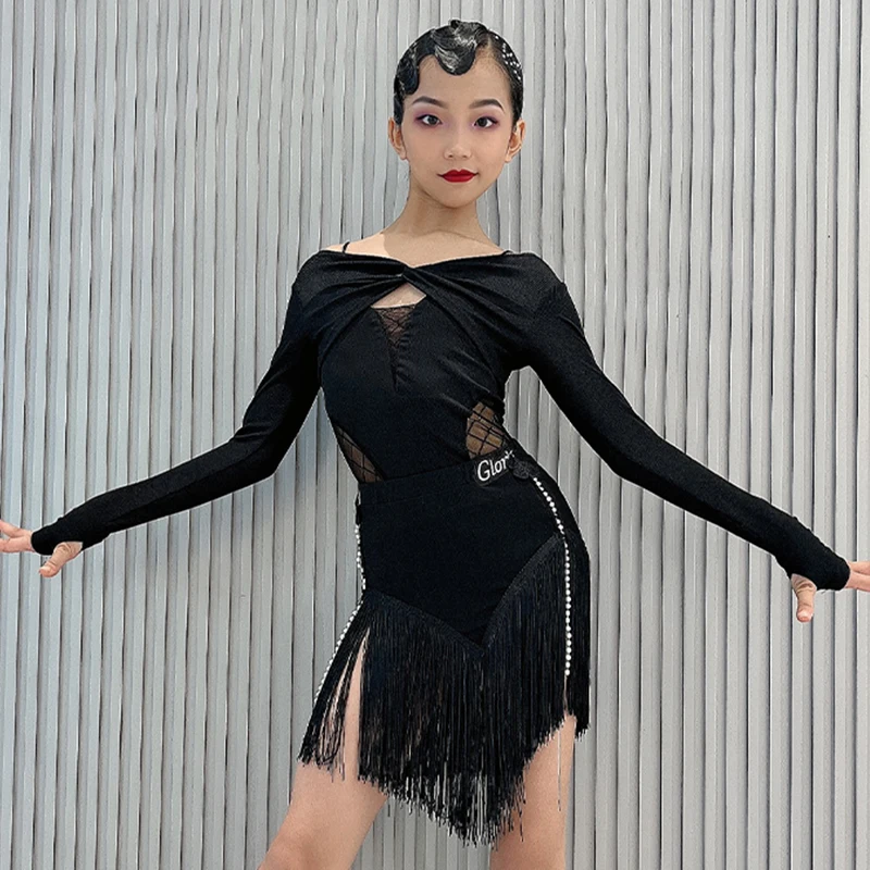 

Black Tassel Latin Dance Competition Costume For Girls Rumba Dancing Clothes Tops Skirt ChaCha Dance Performance Wear DL11378