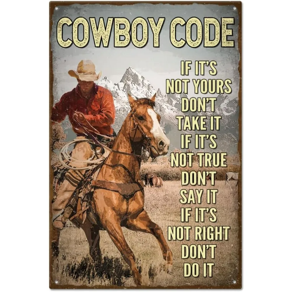 Cowboy Code Vintage Metal Tin Sign Plaque Poster 8ﾗ12inch Retro Metal Wall Decorative Tin Signs for Home Kitchen Bar Coffee Shop