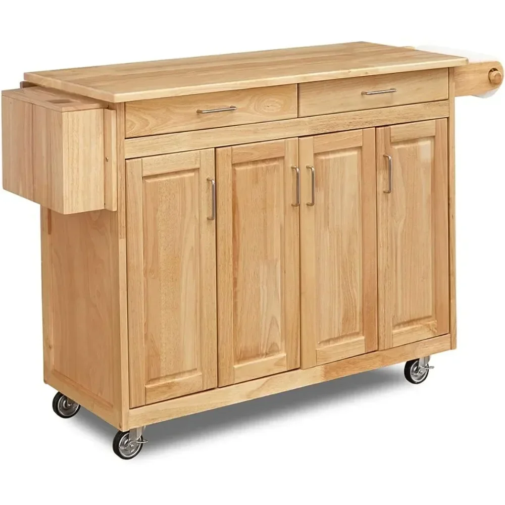 

54 Inches Wide Trolley General Line Kitchen Mobile Cart With Drop Leaf Breakfast Bar Natural HardwoodFreight Free Storage Home