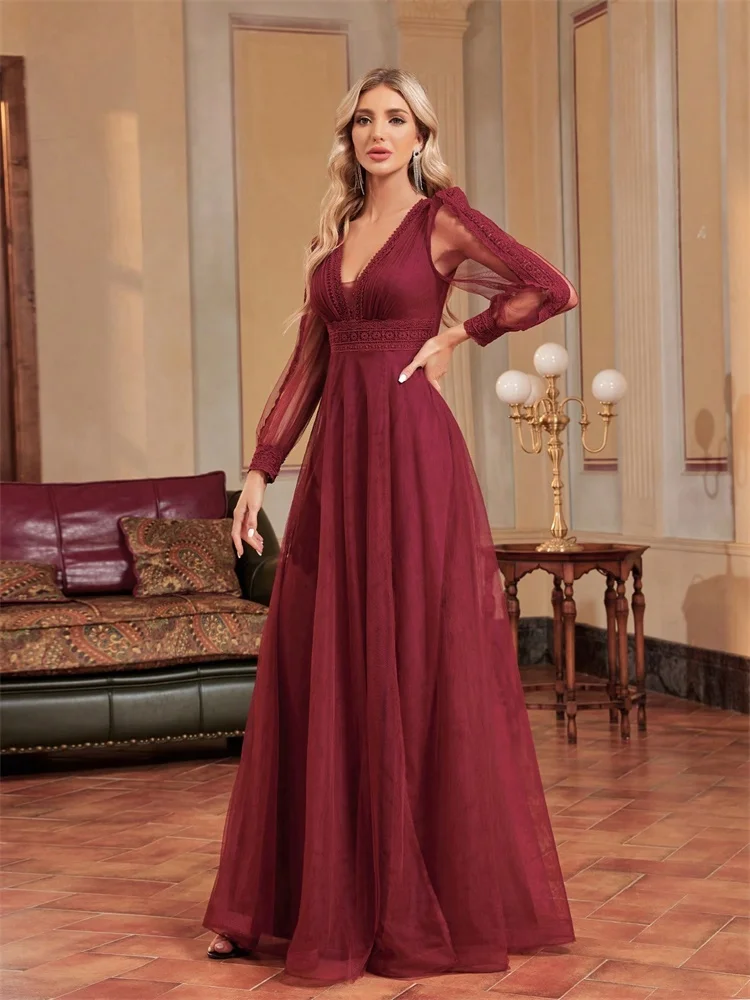 Elegant Tulle V-Neck Formal Evening Dresses Long Sleeve 2025 Womwen Floor-Length Party Dress Chiffon Cocktail Graduation Prom