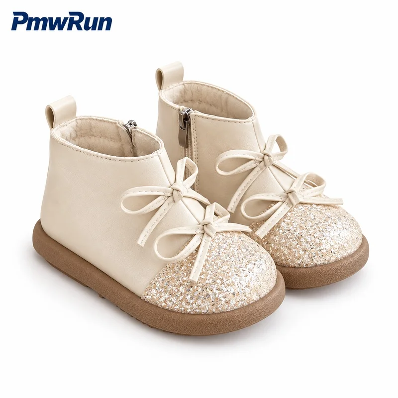 Korean Style Winter Boots For Girls Sequins Bow Children's Plush Footwear Anti-slippery PU Leather Waterproof Paaded Cotton Shoe