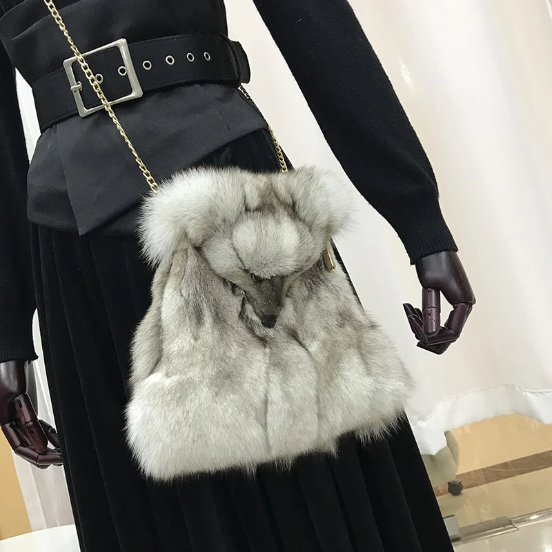 

Fur Bag Bag Fox Head Hair Cute Real Fur Bag Single Shoulder Crossbody Women's Bag Autumn and Winter Leisure Fashion New Small Sq