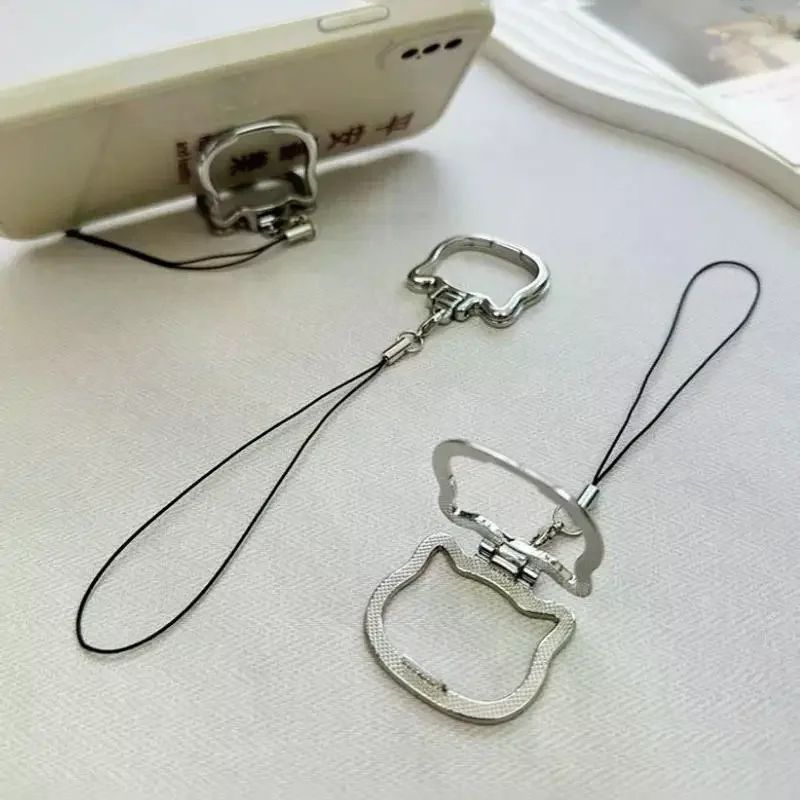 Cute Cat Shaped Alloy Phone Lanyard With 2 In 1 Finger Ring And Foldable Stand Perfect For Watching Videos Daily Use Travel view 3
