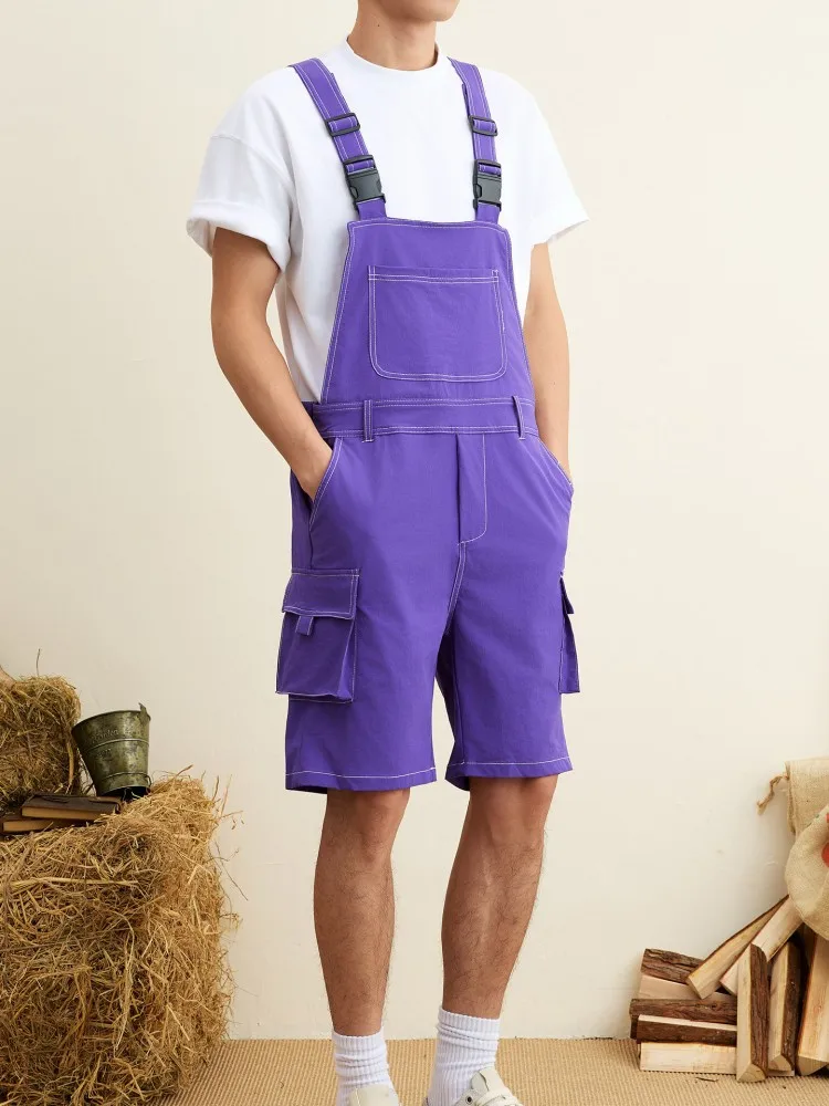 Summer Men Casual Knee Length Strap Overalls Streetwear Suspender Straight Shorts Comfortable Slim Fit Multi Pocket Cargo Shorts