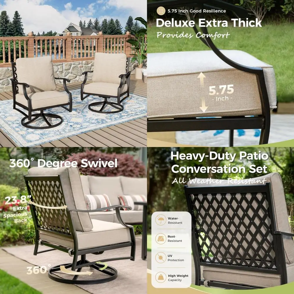 

"Pair of High-Back Metal Outdoor Swivel Chairs with Thick Cushions for Patio, Balcony, or Porch"