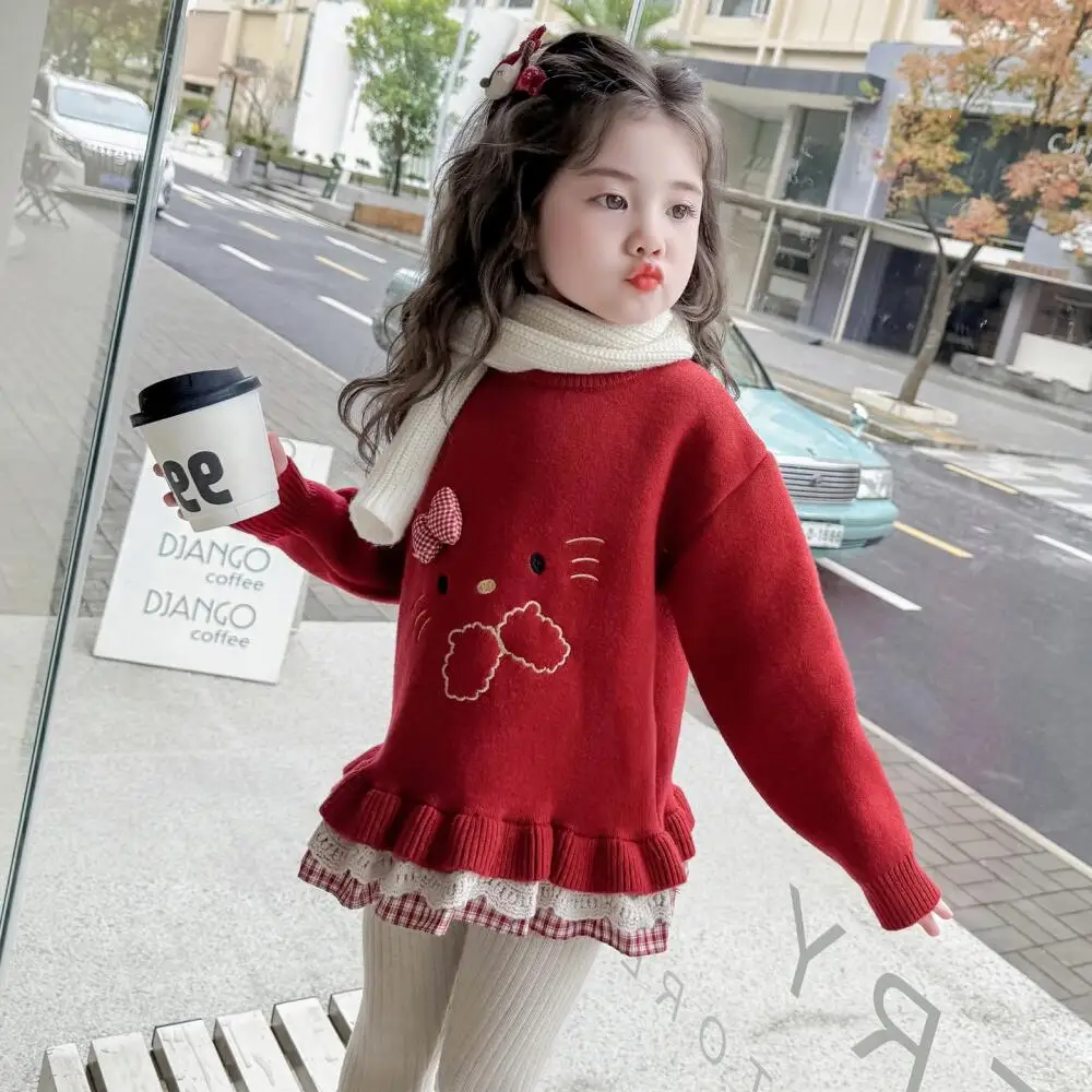 

Sanrio Hello Kitty 2025 Kids Clothes Korean Style Thickened Sweater for Girls Winter Children's New Year's Girls Clothing