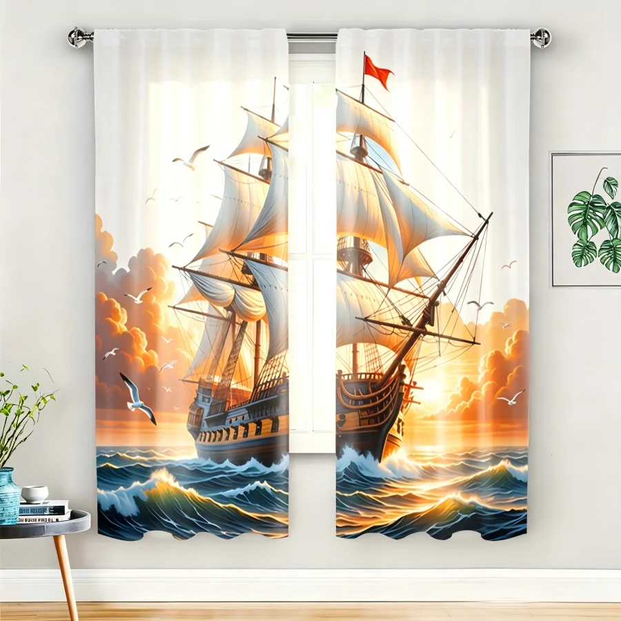 2PCS Digital Print  Curtain, Sunset Sailboat, Bohemian Style  Curtain Panel for Home Living Room Bedroom Decor