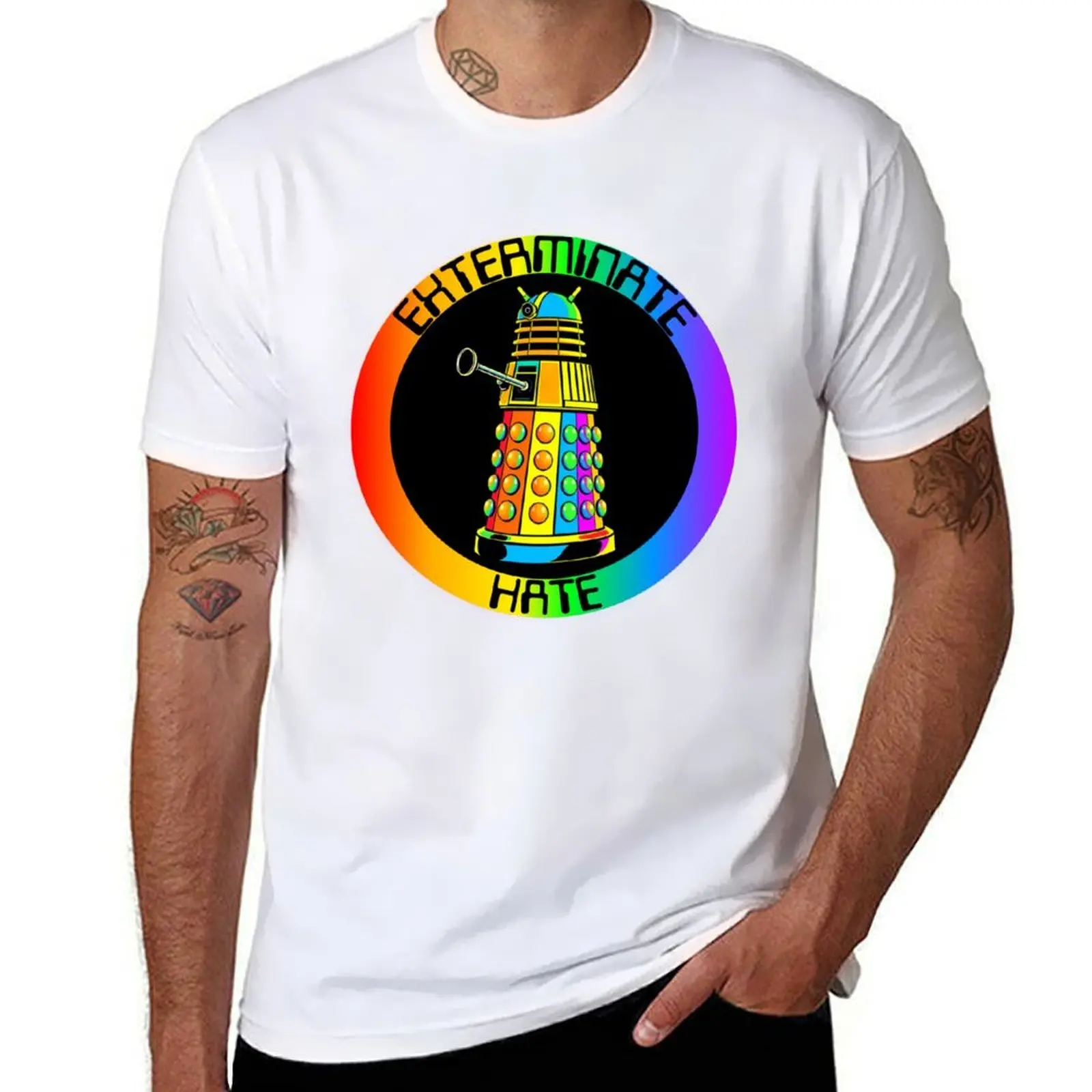 

exterminate hate dalek inspired pride rainbow T-Shirt Casual Holiday Short Sleeve Tee