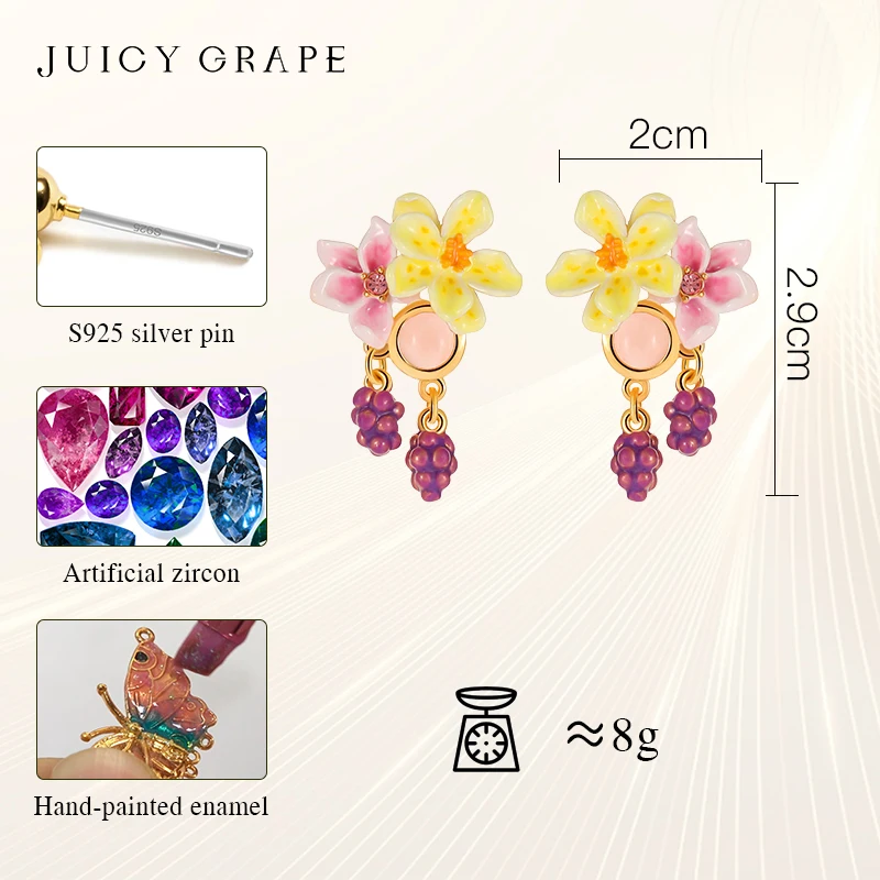 Imagem -02 - Uva Juicy-brinco para Mulheres Flor Esmaltada Uva Pino de Prata 925 Esmaltado à Mão Banhado a Ouro 18k Presente de Aniversário Joias de Festa