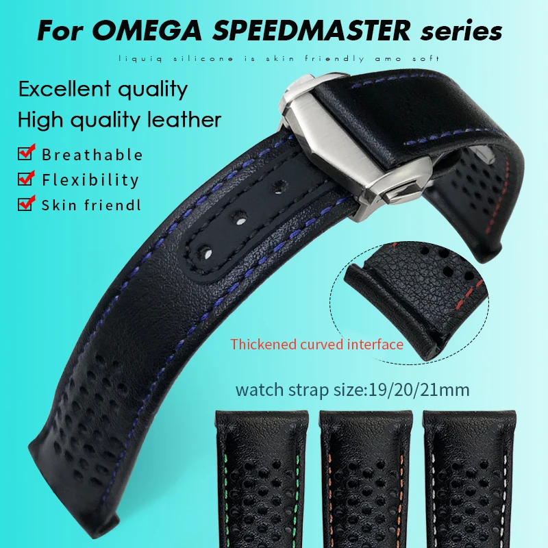 20mm 21mm Curved End Genuine Leather Watchband Fit for Omega Seamaster 300 AT150 Speedmaster 311.92 301.92 Series Watch Strap