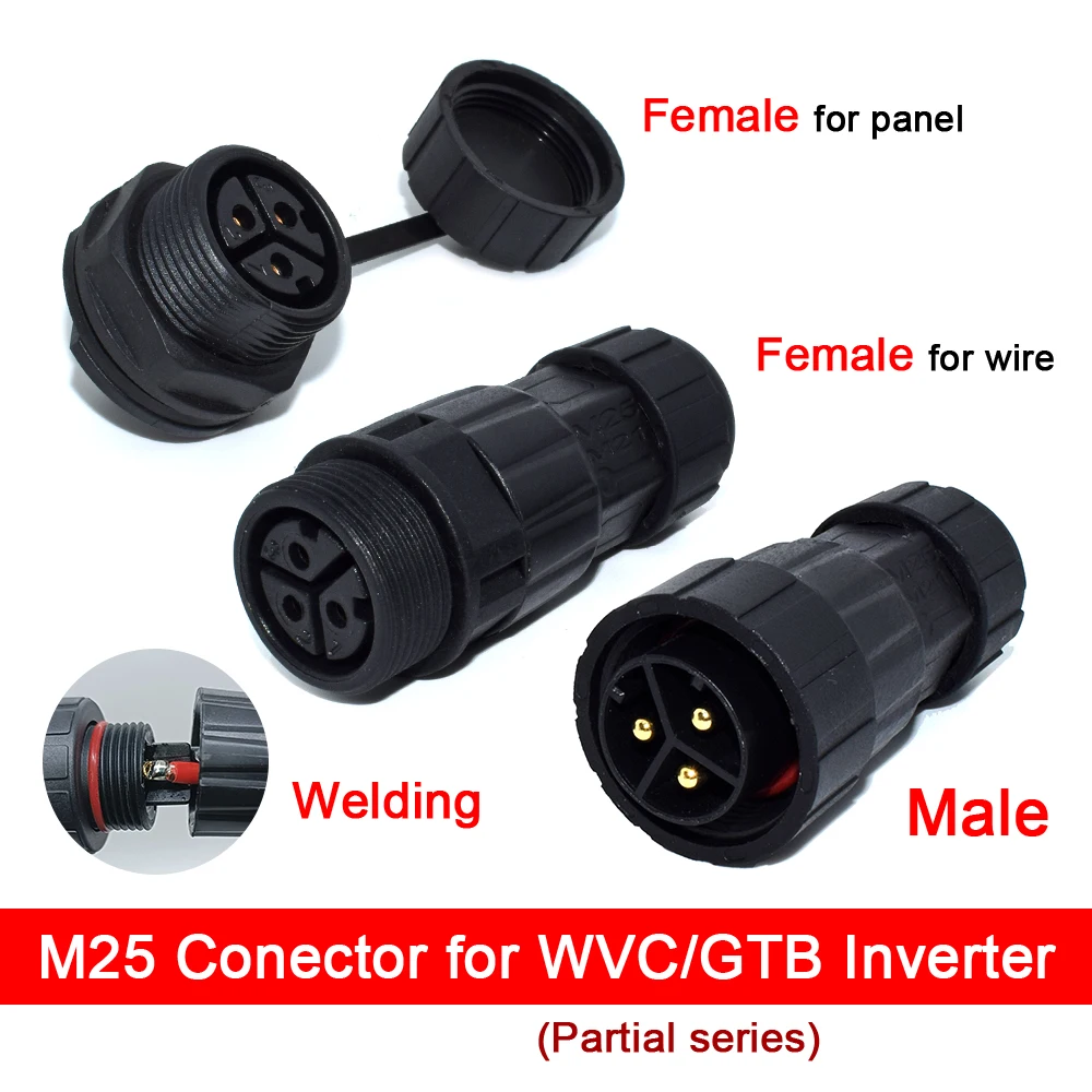 M25 Connector Male Female Wire or Panel Mount 3Pin Welding Power Plug Waterproof for WVC600W-2800W Solar Grid Tie Micro Inverter