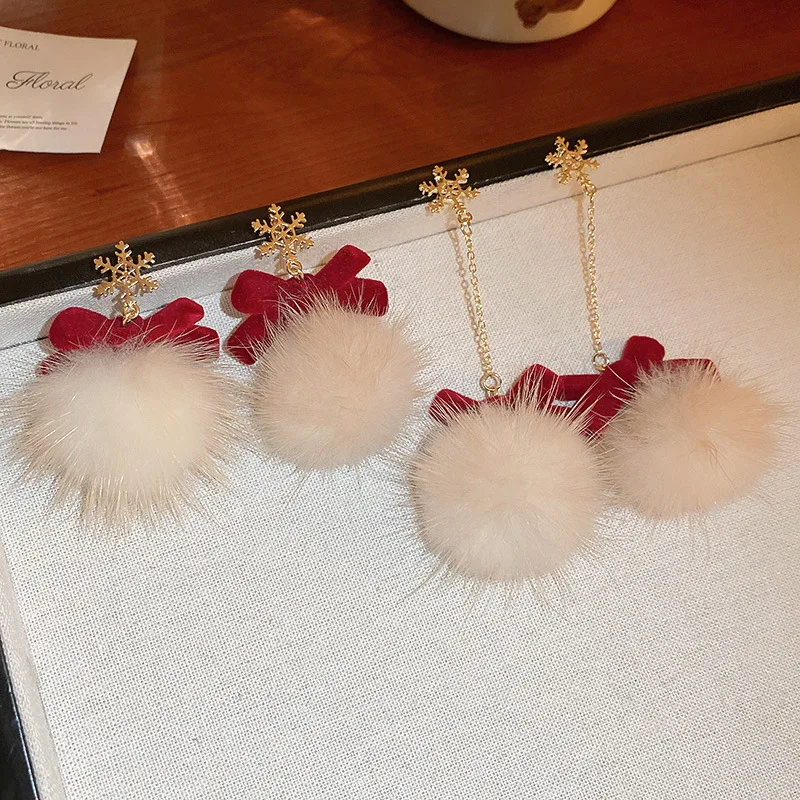 Weihnachten Rot Beflockung Bowknot Tropfen Ohrringe für Frauen Nette Nerz Haar Ball Lange Ohrring Festival Schneeflocke Eardrops Schmuck F