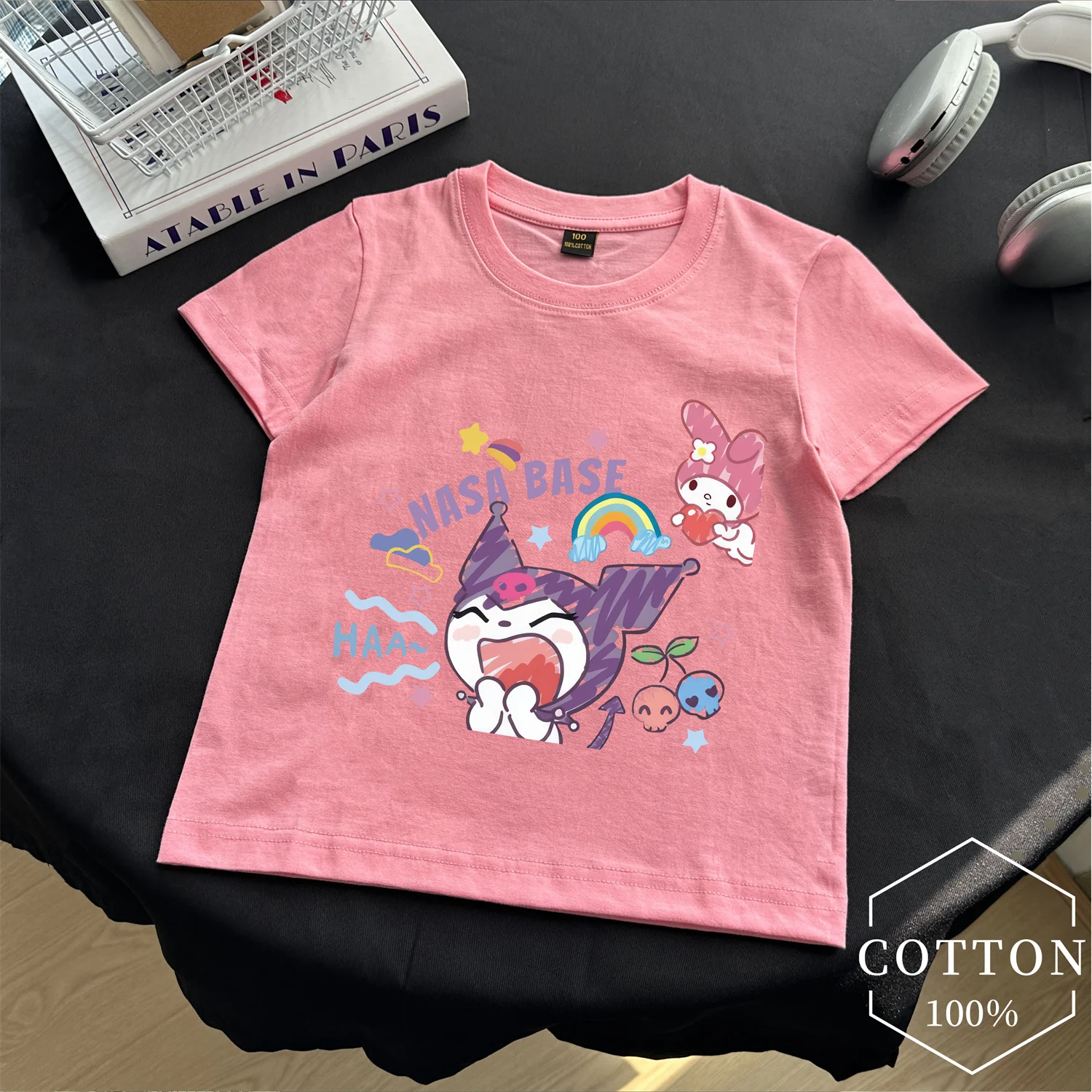 

Summer Sanrio Kuromi Childrens T-shirt Cute Cartoon Anime Pure Cotton Print Girls Clothes Fashion Kids Toddler Short Sleeve Tops