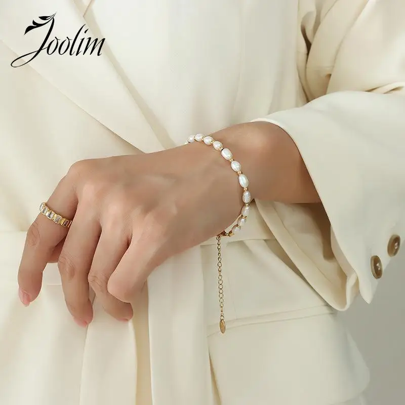 

JOOLIM Jewelry High End PVD Wholesale Tarnish Free Baroque Natural Freshwater Pearl Chain Stainless Steel Bracelet for Women