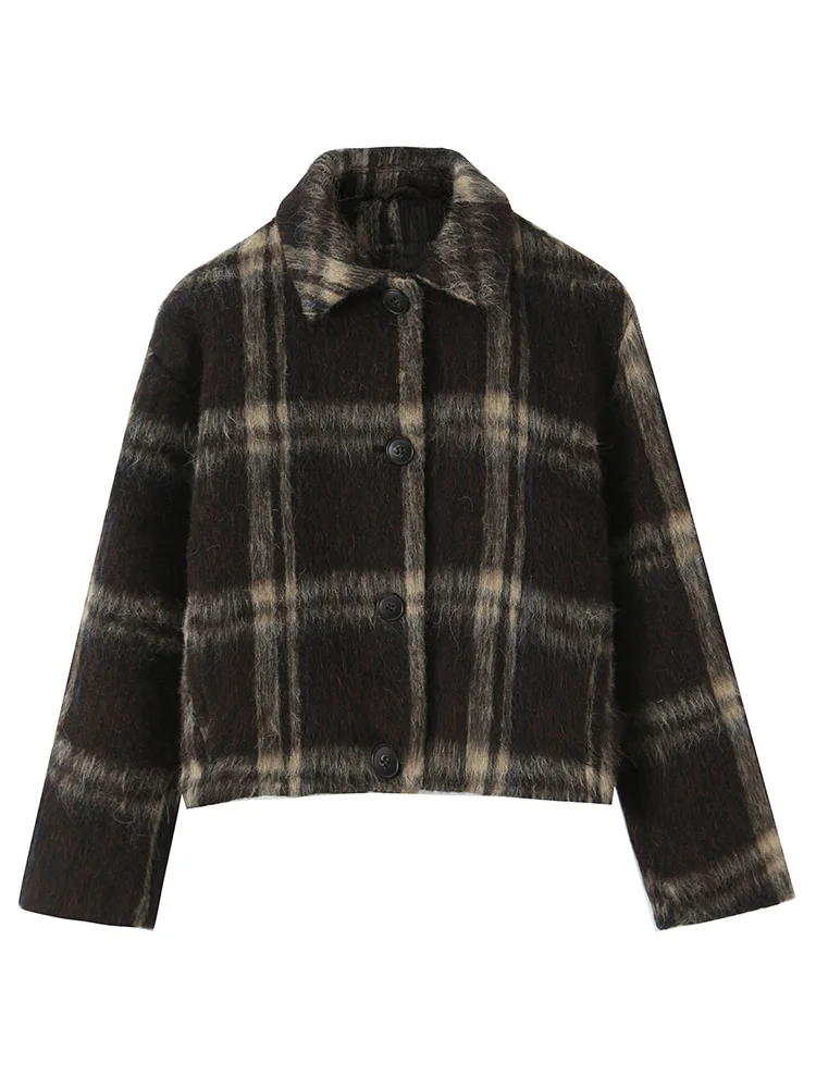 HH Women Loose Turn-down Collar Long Sleeves Single-breasted Plaid Wool Coats Autumn Woman Fashion Pockets Street Short Jacket