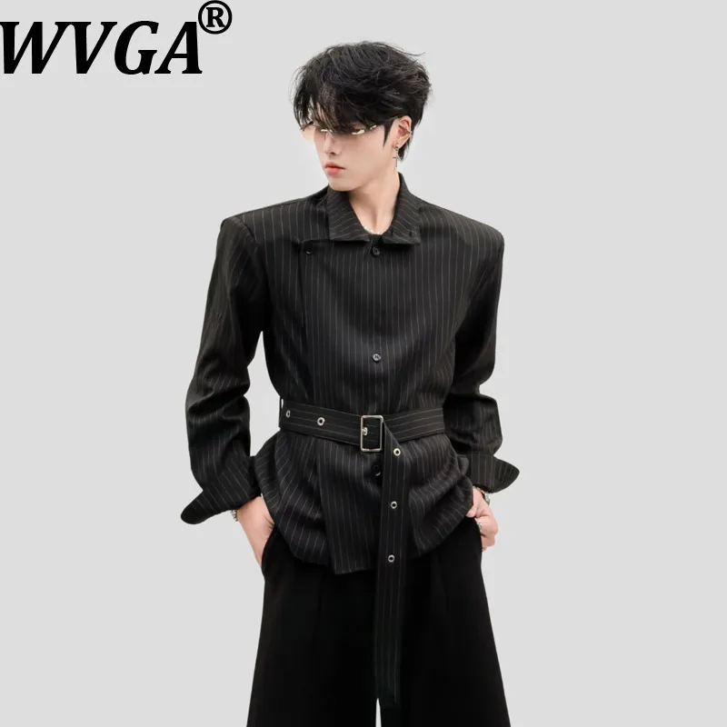 WVGA Spring Autumn New Men's Original Design Stylish Striped Stand Up Collar Shirts Niche Casual Padded Shoulder Tops Ins W27753
