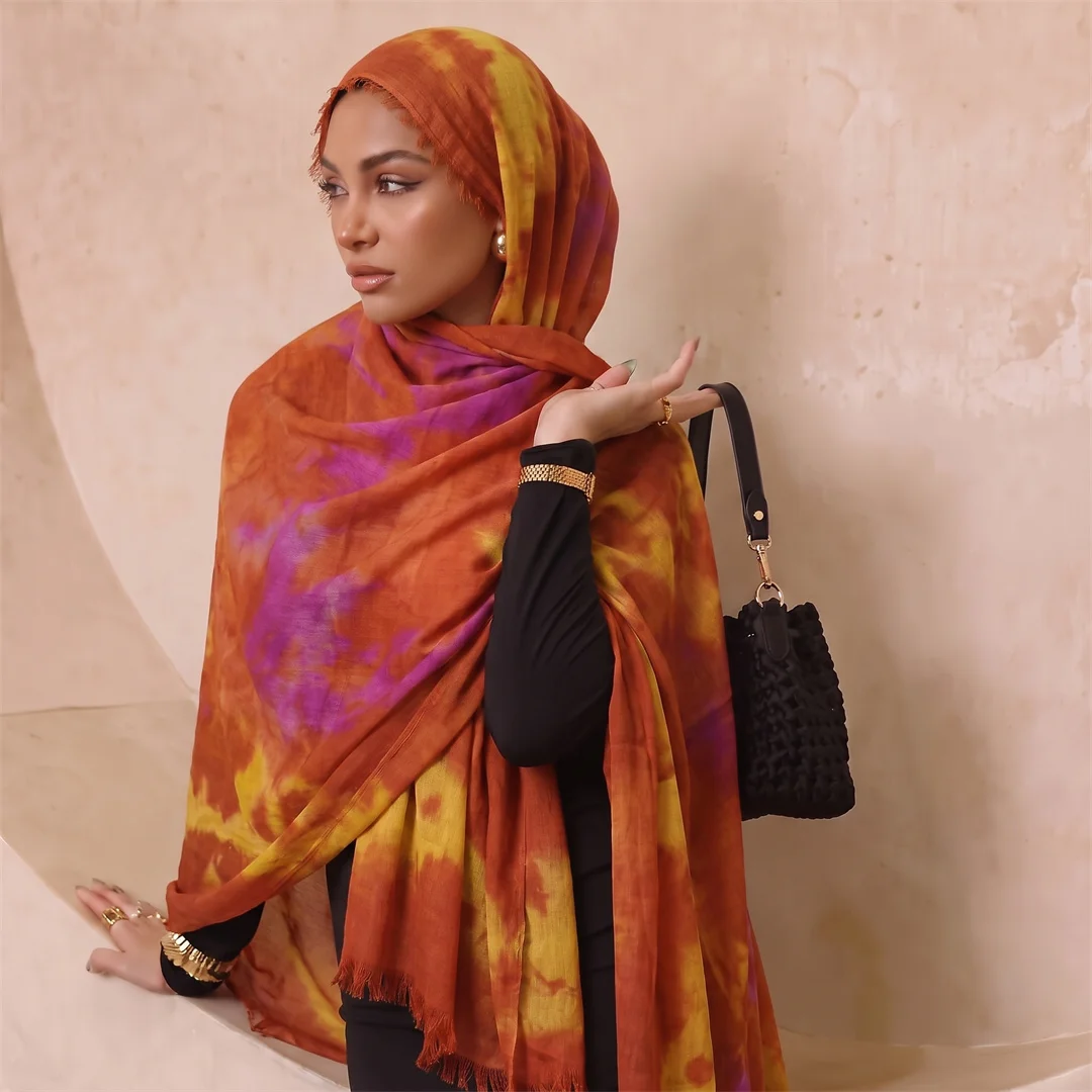 Boho Tie Dye Print Rayon Hijab Scarf Fringe Edge Soft Light Muslim Women Headscarf Wrap Breathable Islamic Daily Turban Shawl view 4