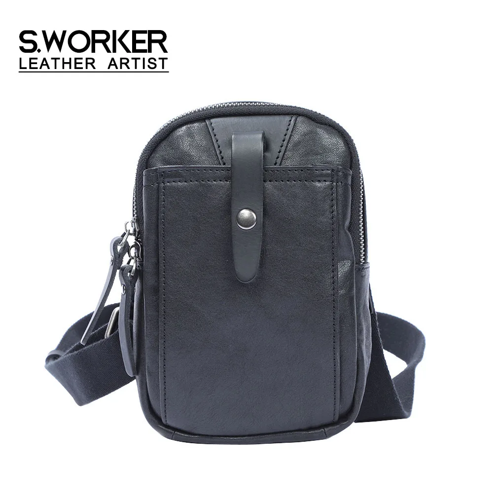 S.WORKER Mini-Umhängetasche aus Vollnarbenleder für Herren, Echtleder-Mode-Umhängetasche für Handy und Schlüssel – Detail 2