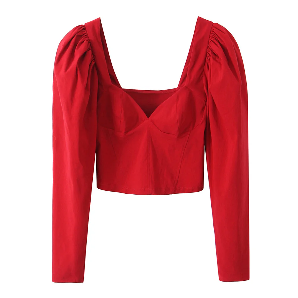 UNIZERA women's heart-shaped collar red puffy sleeves short shirt new product solid color long sleeves simple slimming top