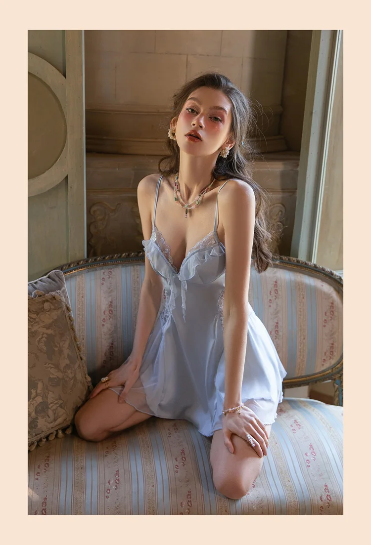Sexy Dessous Pyjamas Damen Nachthemden Sommer Eisseide mit Brustpolster Unterwäsche Kleine Brust Spitze Straps Nachthemd Dünn – Detail 3