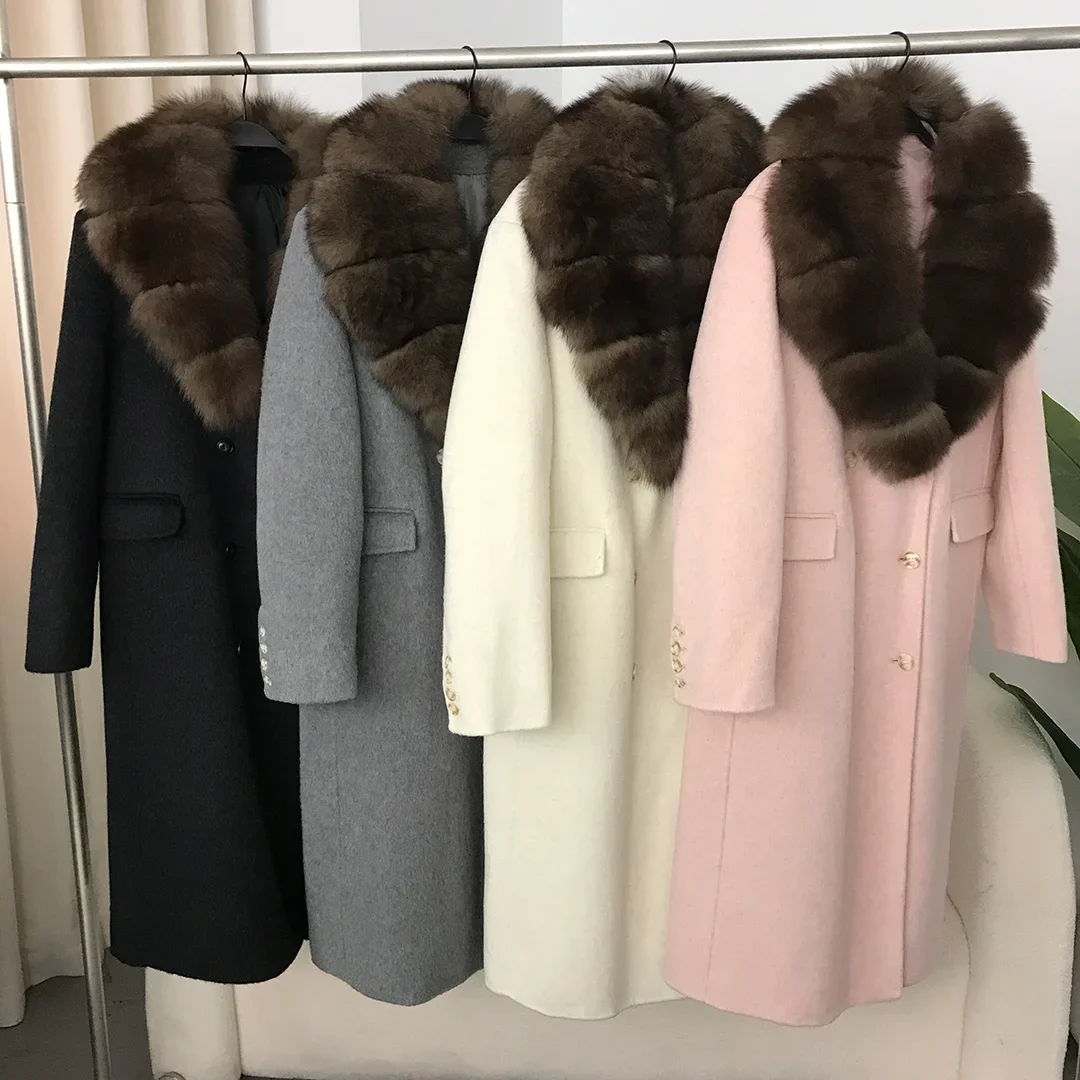 

MENINA BONITA 2024 New Natural Real Fur Coat Spring Winter Jacket Women Natural Fox Fur Collar Hooded Pocket X-long Warm Sweater