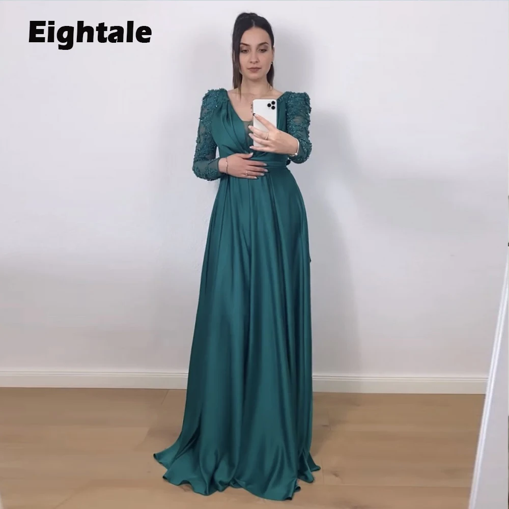 Eightale árabe vestidos de baile para casamento cetim com contas de mangas compridas vestidos de noite vestido de festa verde robes de soirée