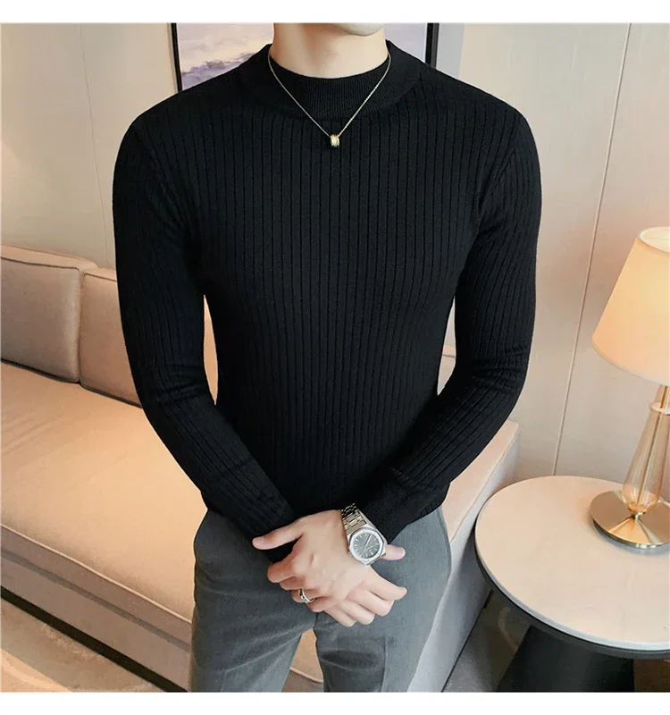 Dark Vertical Stripes Solid Color Half Turtleneck Knit Sweater Men Solid Color Long-sleeved Slimming Sweater Pullovers ZL92