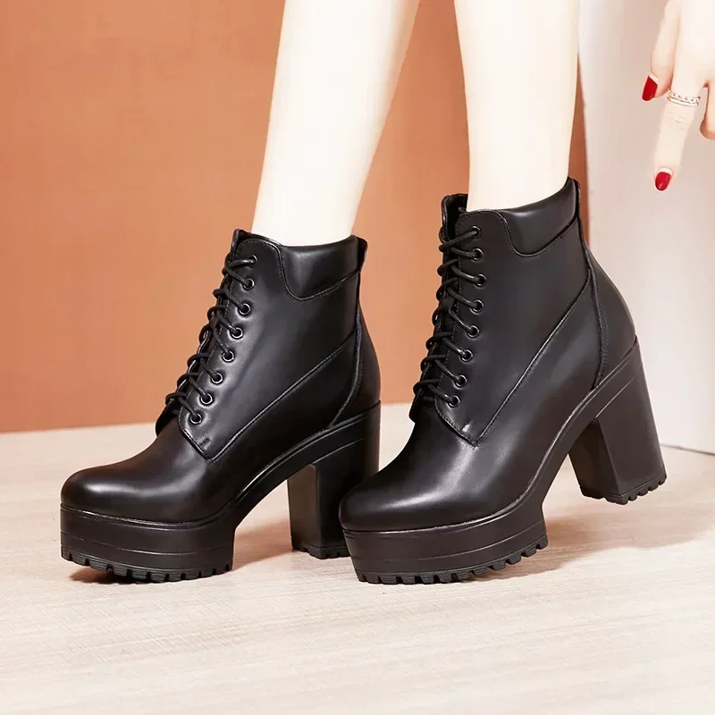 10 15cm Small Size 32-43 Fashion Block High Heels Shoes with Fur Platform Boots 2024 Thick Bottom Snow Ankle Boots Office Model