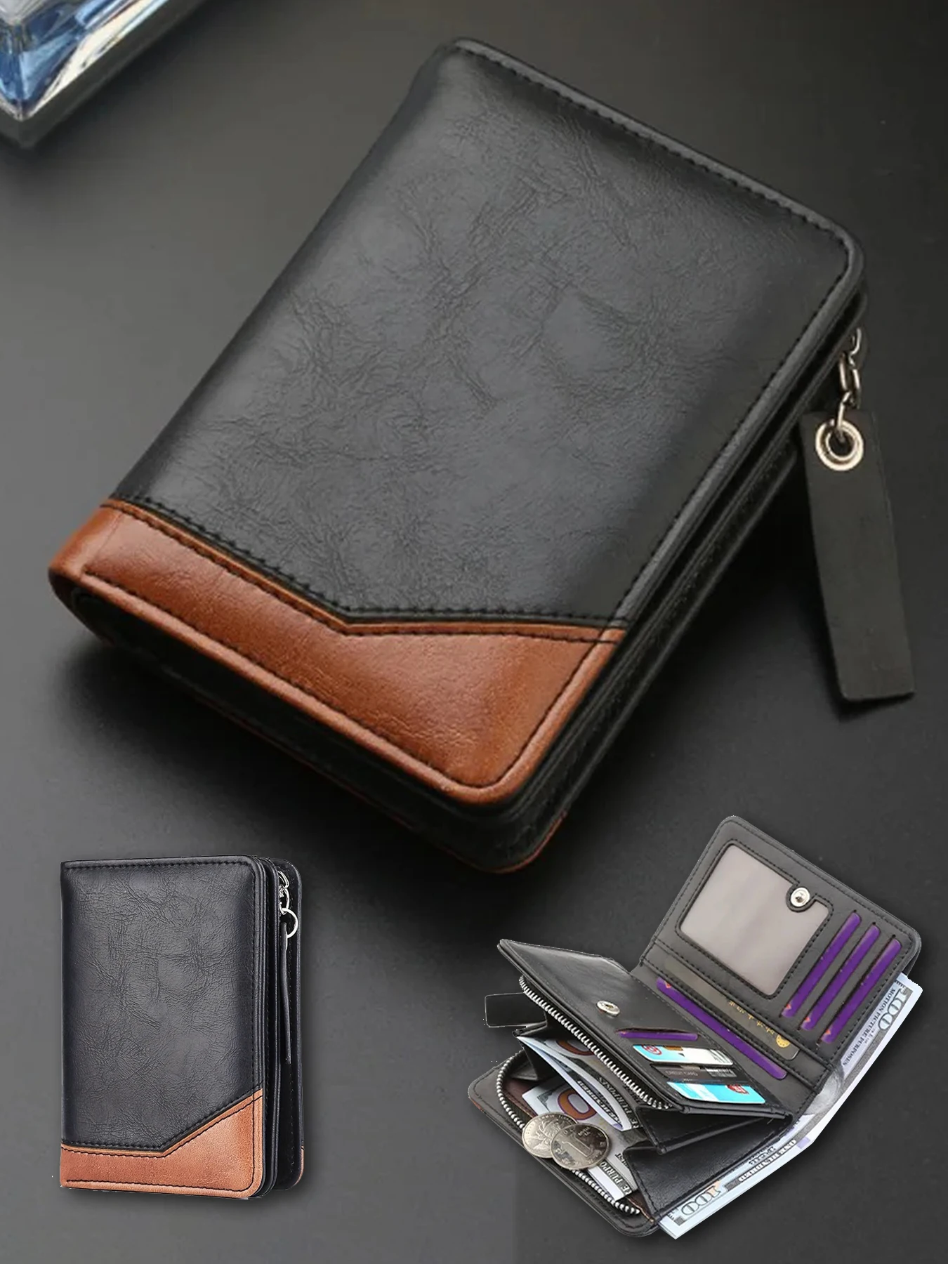 2024 neue männer PU Leder Kurze Brieftasche Mit Zipper Münzfach Vintage Große Kapazität Männlichen Kurzen Geld Geldbörse Karte halter – Detail 8
