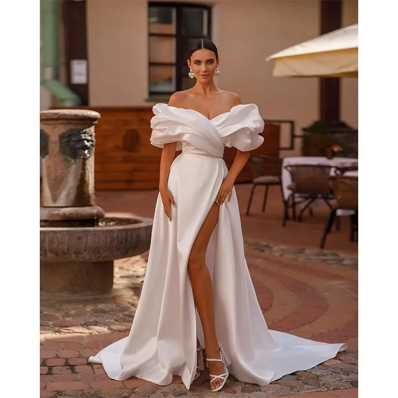 

Elegant Satin Dresses Puffy Off the Shoulder A Line Wedding Dress High Split Lace-Up Back Country Bridal Gowns