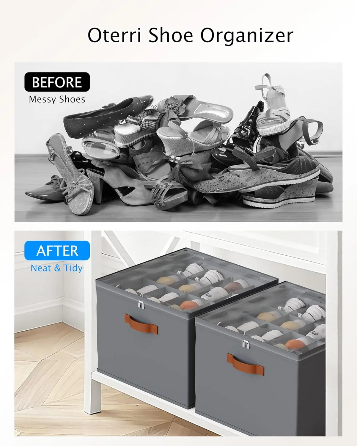 Органайзер для обуви для шкафа, ящик для хранения обуви с прозрачной крышкой и усиленными ручками, регулируемые разделители, подходит для корзины для обуви на 8–16 пар