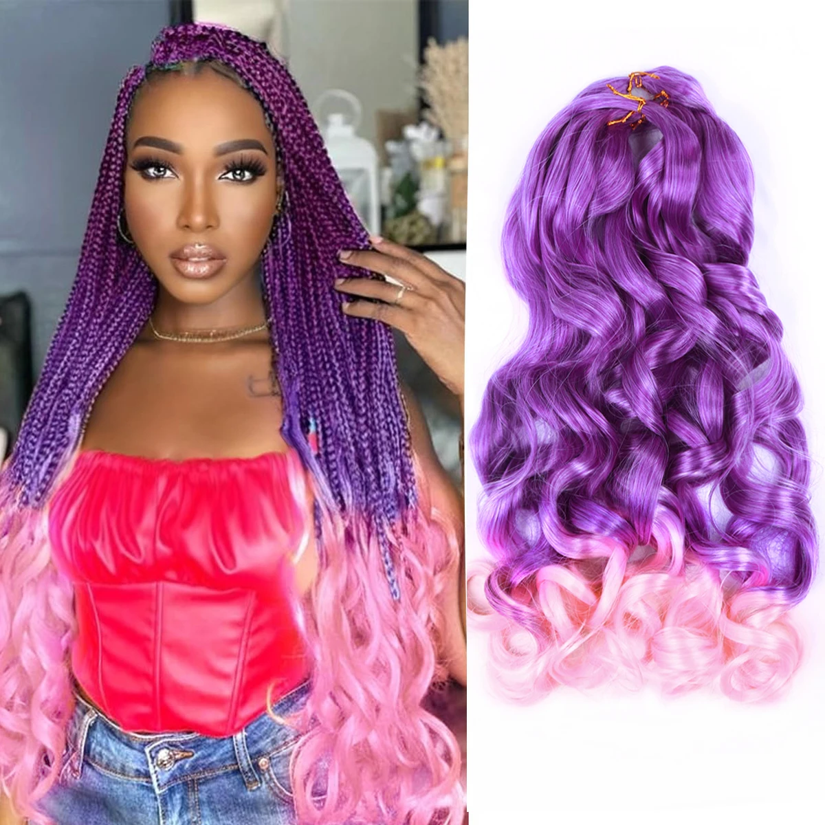 

French Curls Synthetic Crochet Braids Bulk Spiral Hair Loose Wave High Temperature Ombre Pre Stretched Braiding Extensions Hair