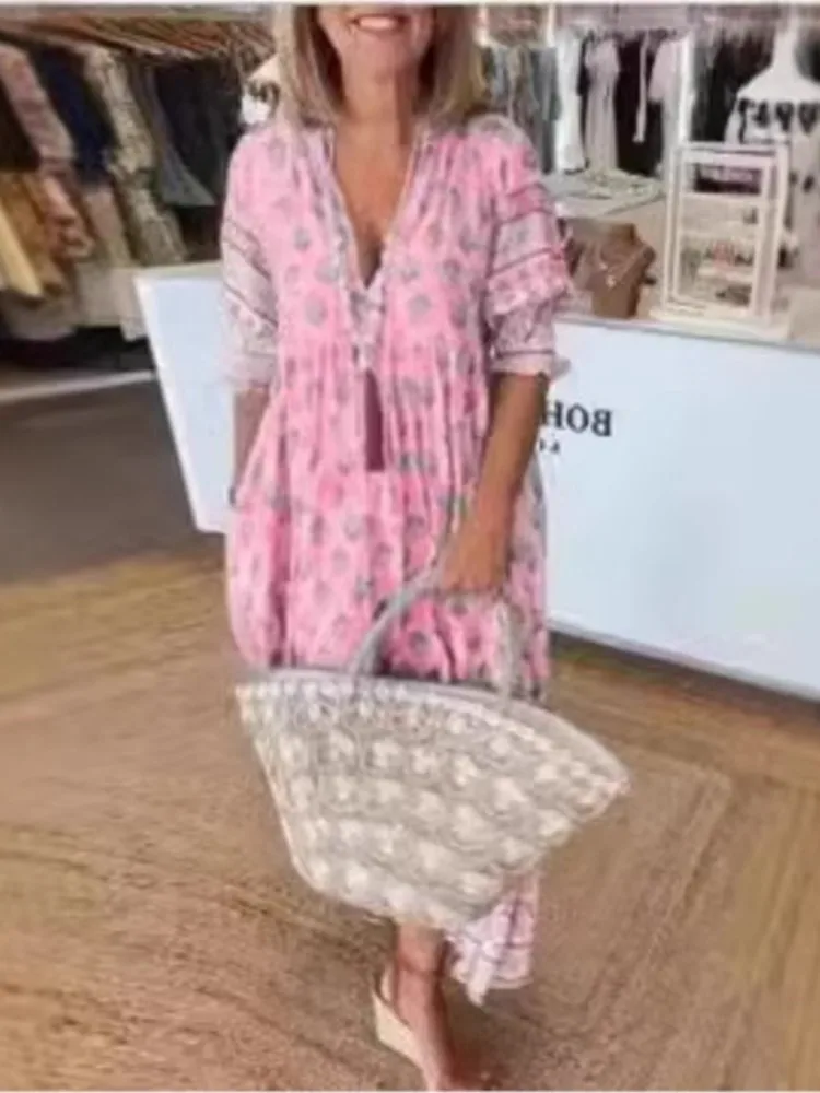 Fashion Boho Print Maxi Dress For Women Spring Summer V Neck Lantern Sleeve Long Dress Elegant Holiday Beach Dresses Robe Femme