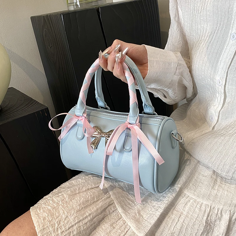 Small Ribbon Design Cute PU Leather Shoulder Bag Handbags Luxury Designer Women 2024 Fashion Solid Color Crossbody Bag